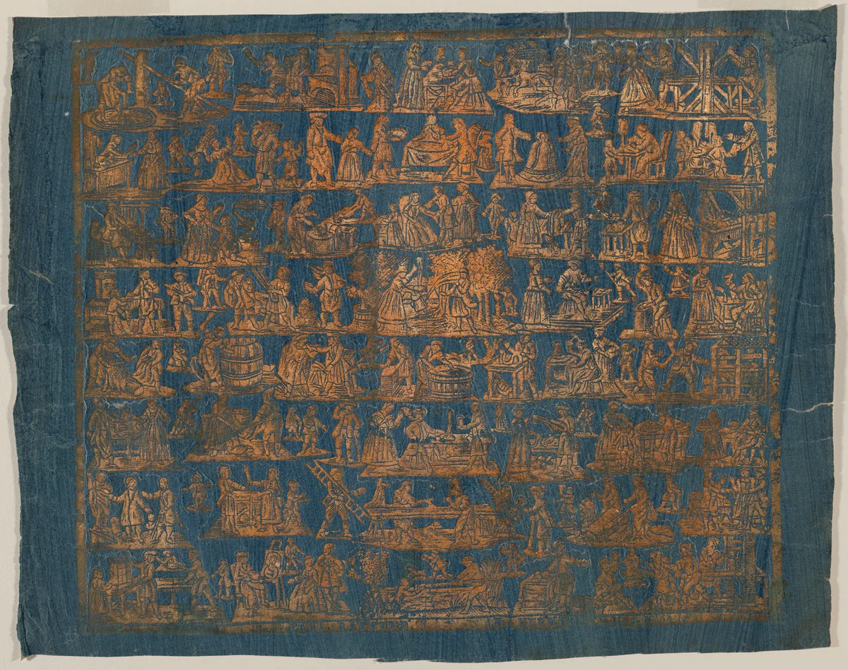 Endpaper with Scenes of the Trades by Paul Reimund, print, 1764-1815