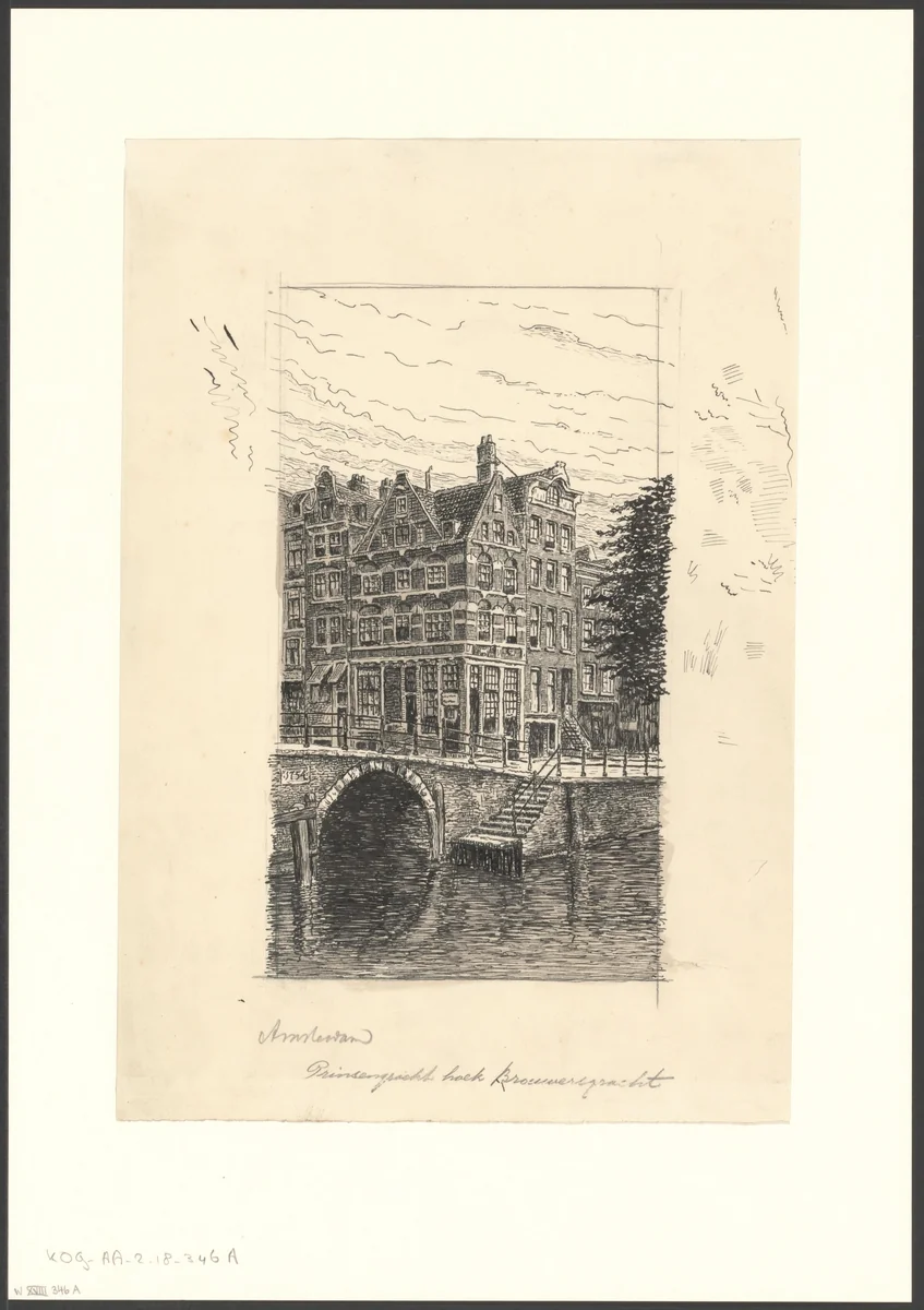 Gezicht op de Prinsengracht, hoek Brouwersgracht by anonymous, drawing, 1850-1950