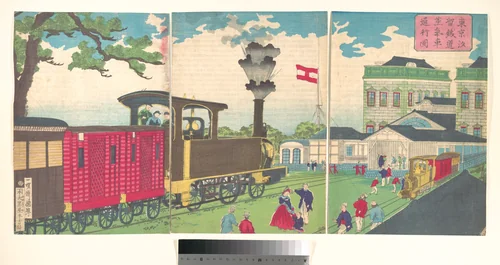 Illustration of a Steam Locomotive Passing Shiodome in Tokyo (Tōkyō Shiodome testudō jōkisha tsūkō zu) by Utagawa Kuniteru, print, 1872