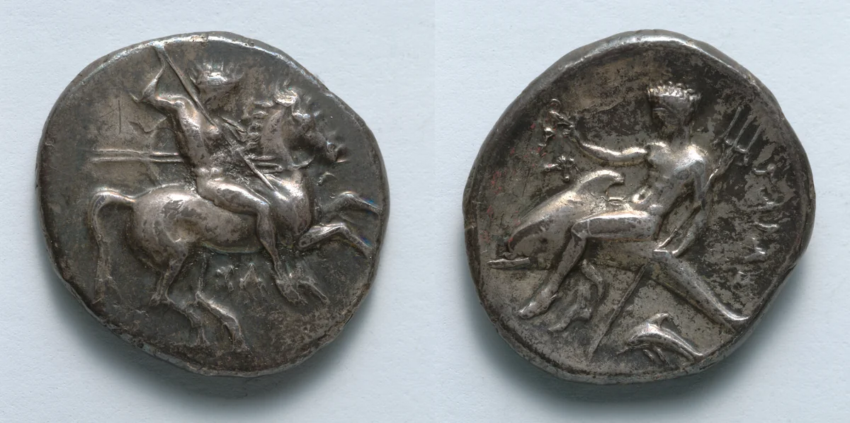 Stater: Nude Warrior on Horseback (obverse); Taras (reverse) by Unknown, metalwork, -334--302