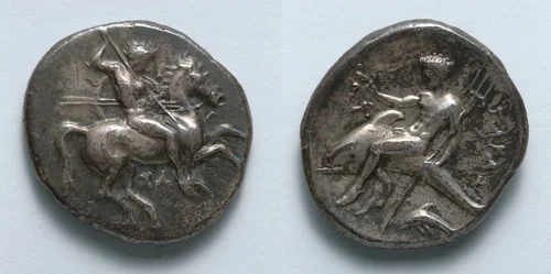 Stater: Nude Warrior on Horseback (obverse); Taras (reverse) by Unknown, metalwork, -334--302