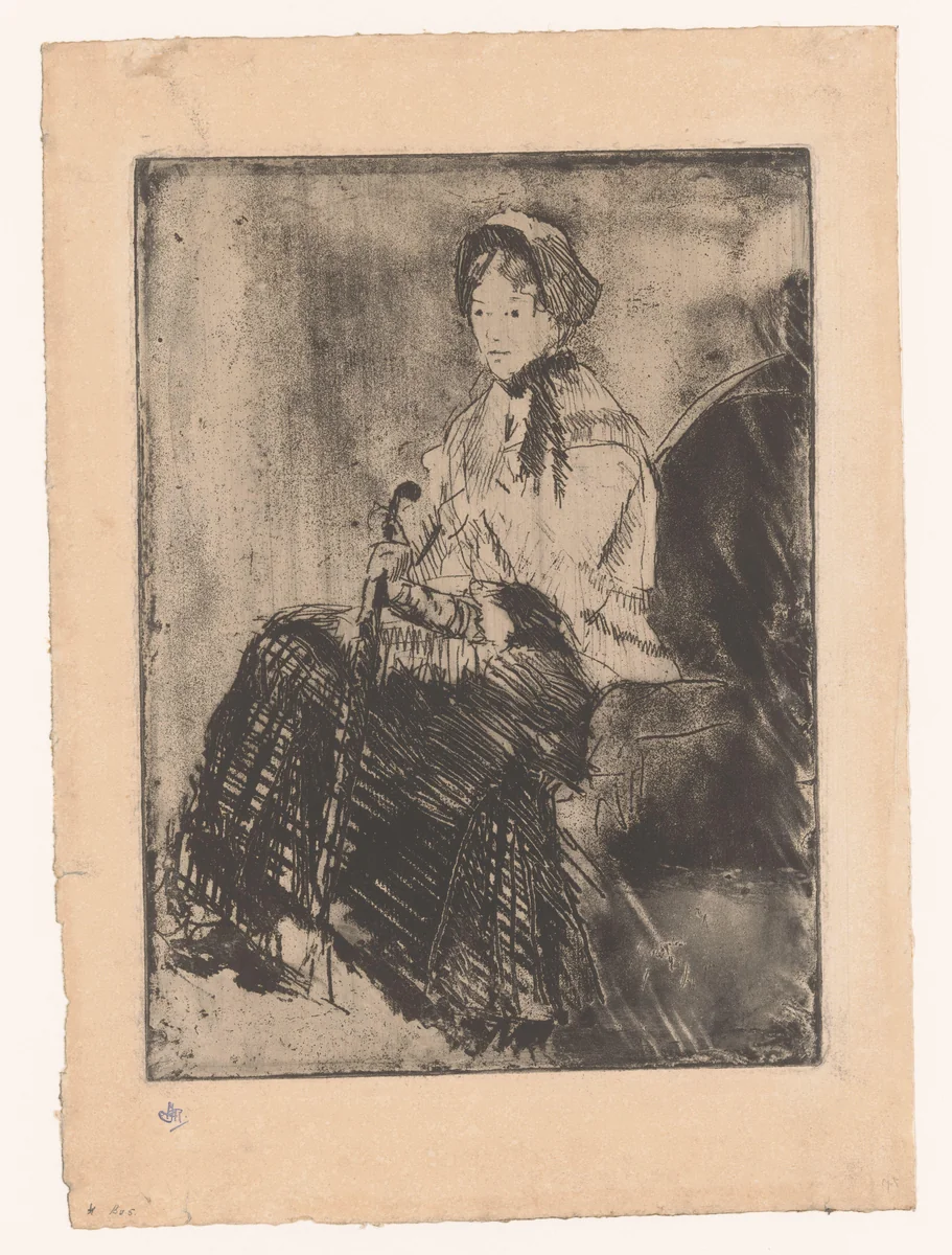 Zittende vrouw met paraplu by Mary Cassatt, print, 1879
