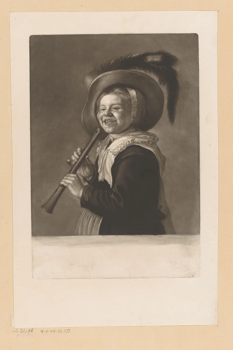 Lachend meisje met fluit by James McArdell, print, 1758