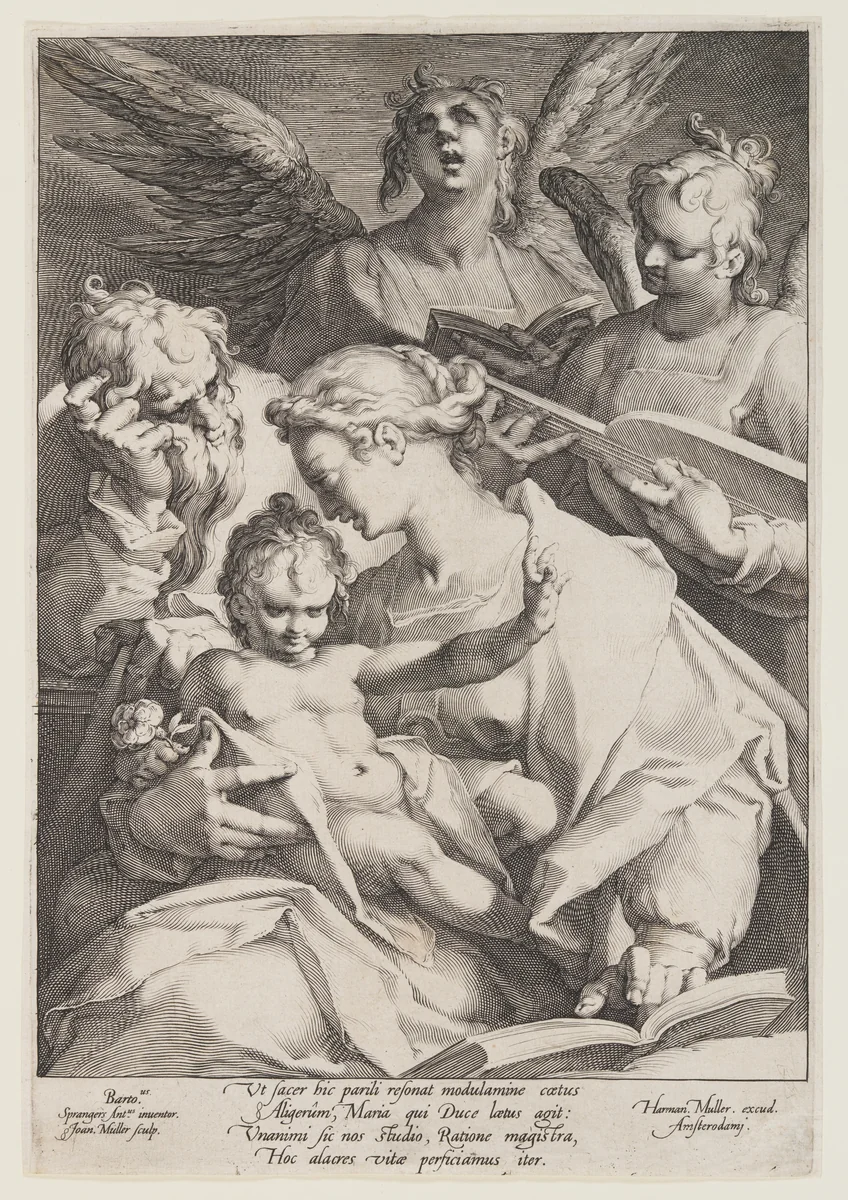 Holy Family and Two Music-Making Angels by Jan Harmensz. Muller, print, 1590