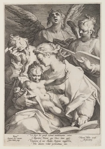 Holy Family and Two Music-Making Angels by Jan Harmensz. Muller, print, 1590