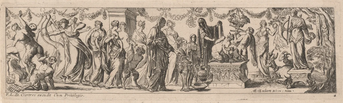 Female Satyr with Children on an Altar by Pierre Brebiette; François Langlois, print, 1626