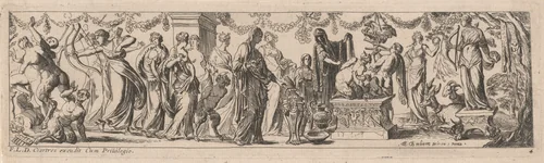 Female Satyr with Children on an Altar by Pierre Brebiette; François Langlois, print, 1626