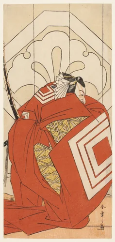 The Actor Ichikawa Danjuro V in a "Shibaraku" Role, Probably as Kato Hyoeisa Shigemitsu, in the Third Scene of the Play Masakado Kammuri no Hatsuyuki (The First Snow on Taira no Masakado's Court Headdress), Performed at the Nakamura Theater in the Eleventh Month, 1777 by Katsukawa Shunsho (勝川 春章), print, 1772-1782