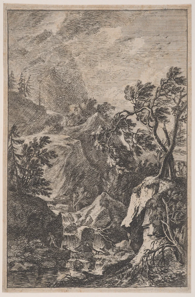 Plate 6: two male figures standing on a rock at right, a waterfall at center with another male figure on its left bank, from 'Landscapes in the manner of Salvator Rosa' (Die Landschaften in Sal. Rosa's) by Franz Joachim Beich, print, 1695-1730