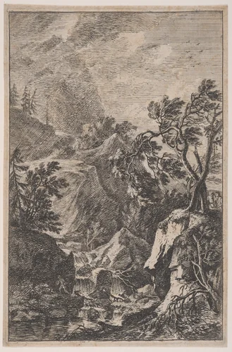 Plate 6: two male figures standing on a rock at right, a waterfall at center with another male figure on its left bank, from 'Landscapes in the manner of Salvator Rosa' (Die Landschaften in Sal. Rosa's) by Franz Joachim Beich, print, 1695-1730