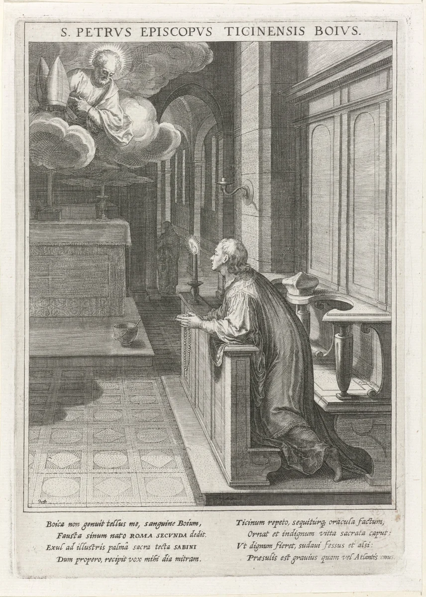 Visioen van de heilige Sabinus aan de heilige Petrus van Tessino by Raphaël Sadeler, print, 1615