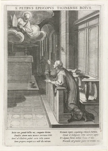 Visioen van de heilige Sabinus aan de heilige Petrus van Tessino by Raphaël Sadeler, print, 1615