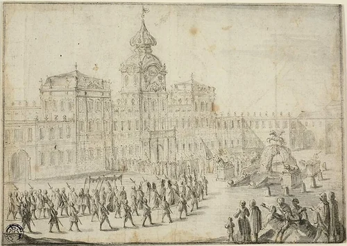 Religious Procession Entering Schloss Mirabell, Salzburg by Israël Silvestre, drawing, 1641-1691