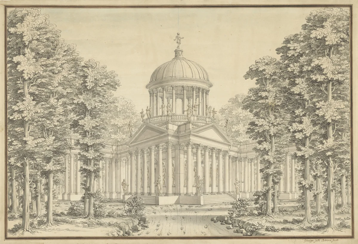 Paleis met open koepel op kolommen en met vele beelden by Giuseppe Galli Bibiena, drawing, 1706-1756