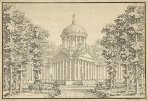 Paleis met open koepel op kolommen en met vele beelden by Giuseppe Galli Bibiena, drawing, 1706-1756