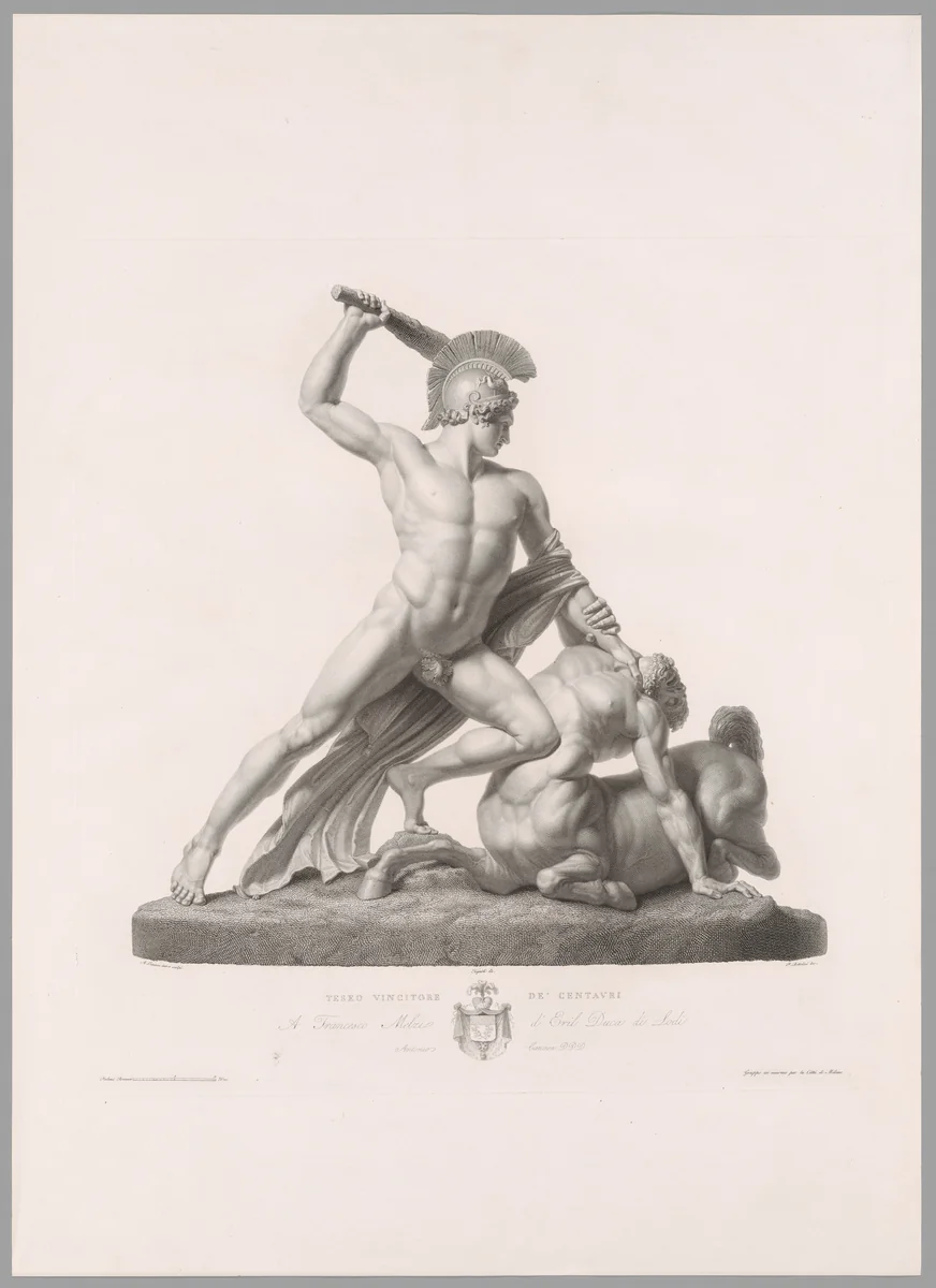 Theseus and Centaur, Front View, from Oeuvre de Canova by Pietro Bettelini, print, 1817