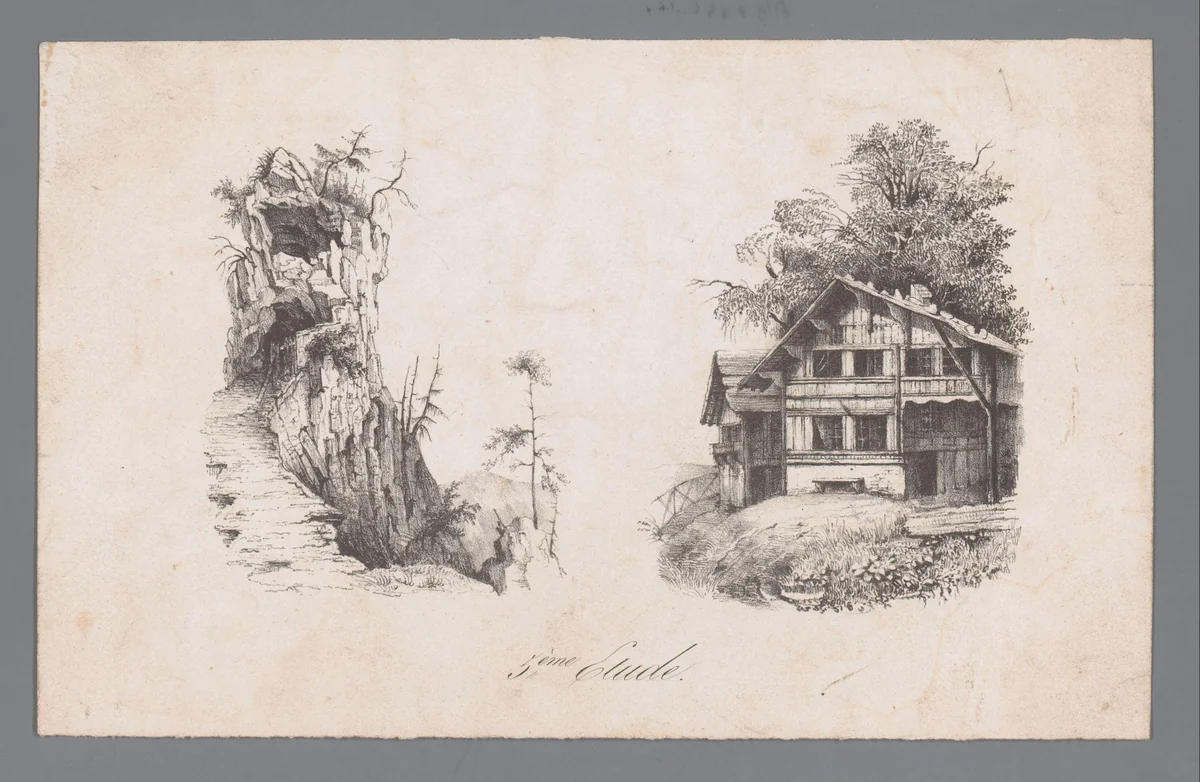 Rotslandschap en gezicht op twee huizen by Paulus Lauters, print, 1816-1875