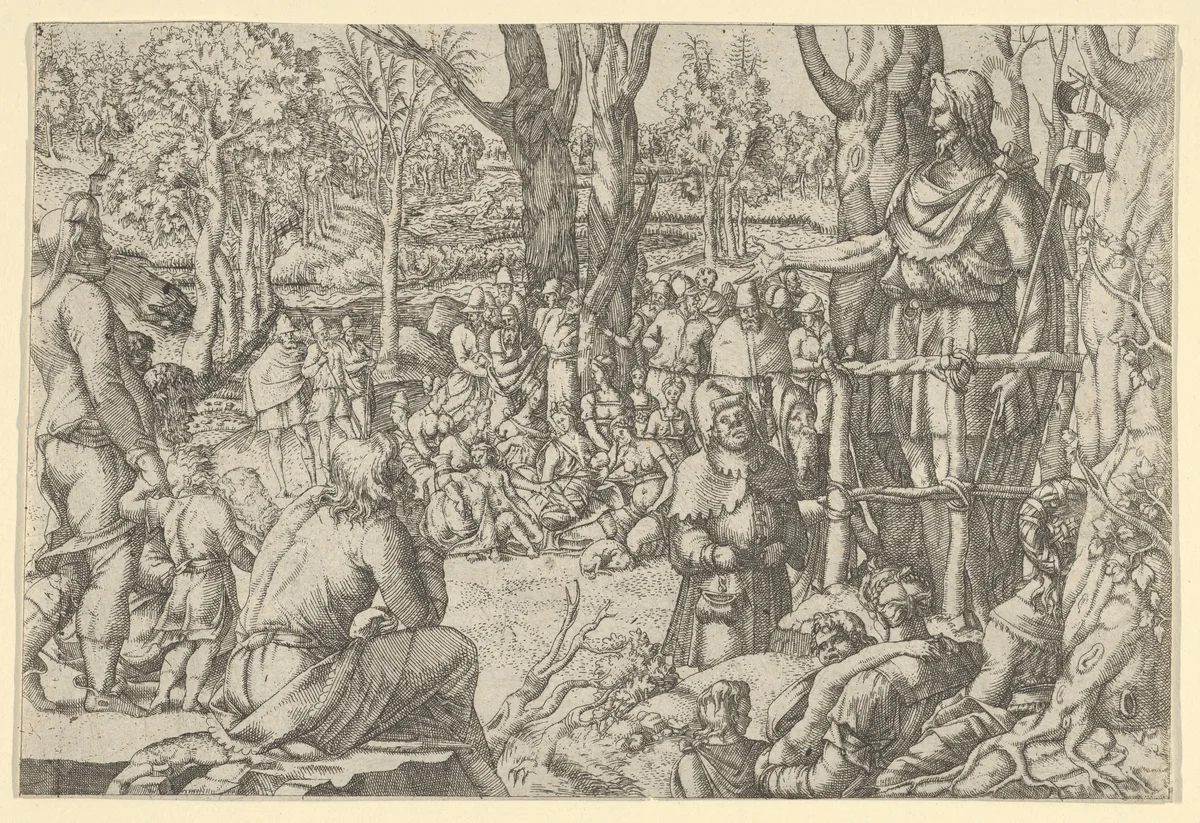 St. John Preaching in the Desert by Jean Mignon, print, 1535-1555