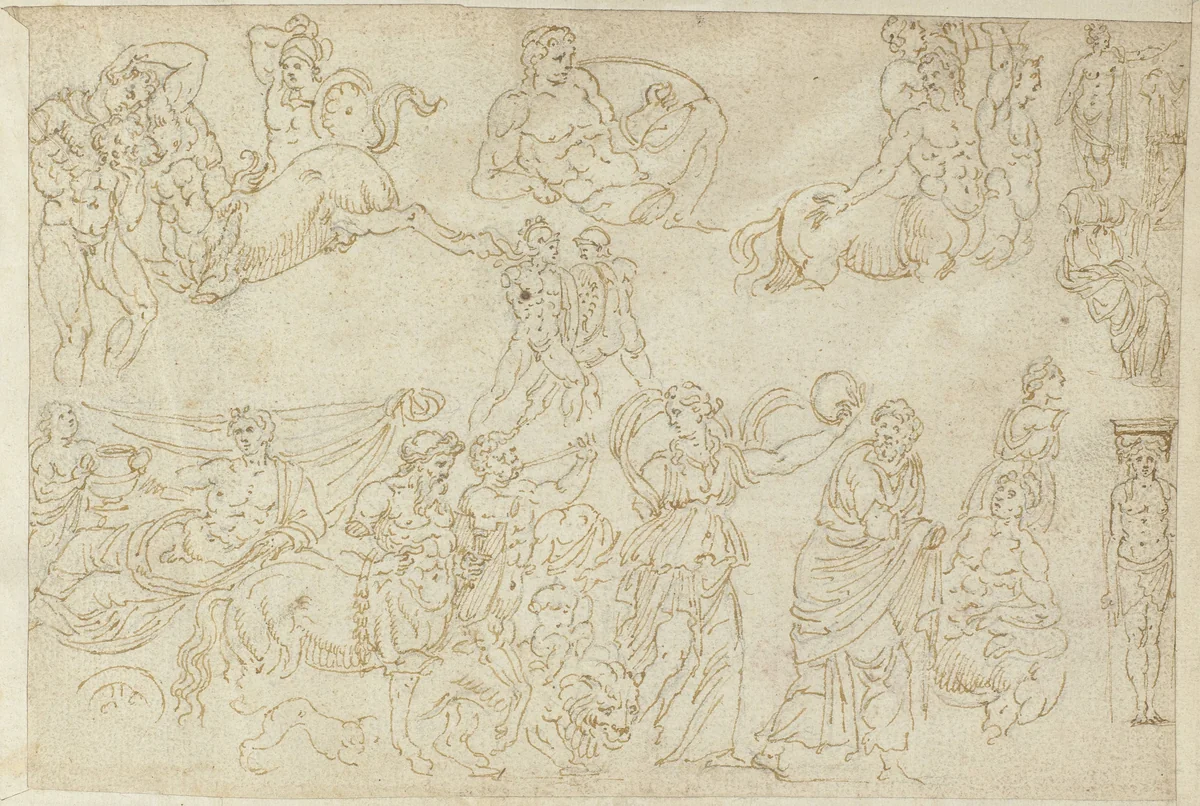 Voorstellingen van sarcofagen en beelden by anonymous, drawing, 1550-1570