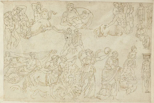 Voorstellingen van sarcofagen en beelden by anonymous, drawing, 1550-1570