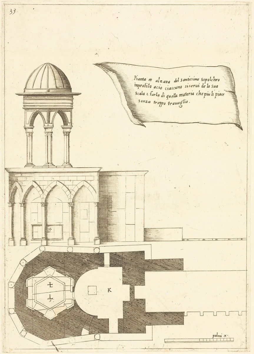 Plan and Elevation of the Church of the Holy Sepulchre by Jacques Callot, print, 1619