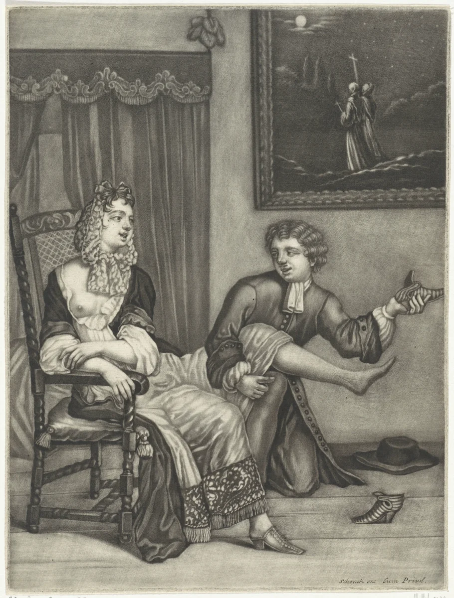 Knielende jongeman bij een vrouw by anonymous, print, 1680-1713