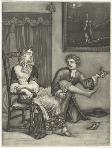 Knielende jongeman bij een vrouw by anonymous, print, 1680-1713