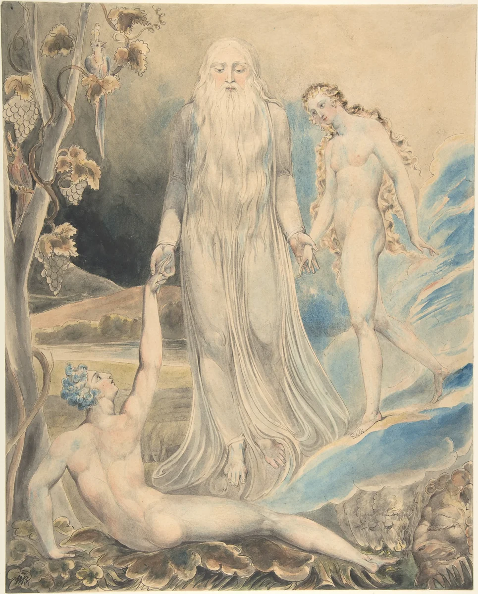 Angel of the Divine Presence Bringing Eve to Adam (The Creation of Eve: "And She Shall be Called Woman) (recto); Sketch for the same (verso) by William Blake, drawing, 1798-1808