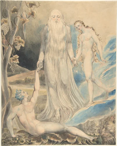 Angel of the Divine Presence Bringing Eve to Adam (The Creation of Eve: "And She Shall be Called Woman) (recto); Sketch for the same (verso) by William Blake, drawing, 1798-1808