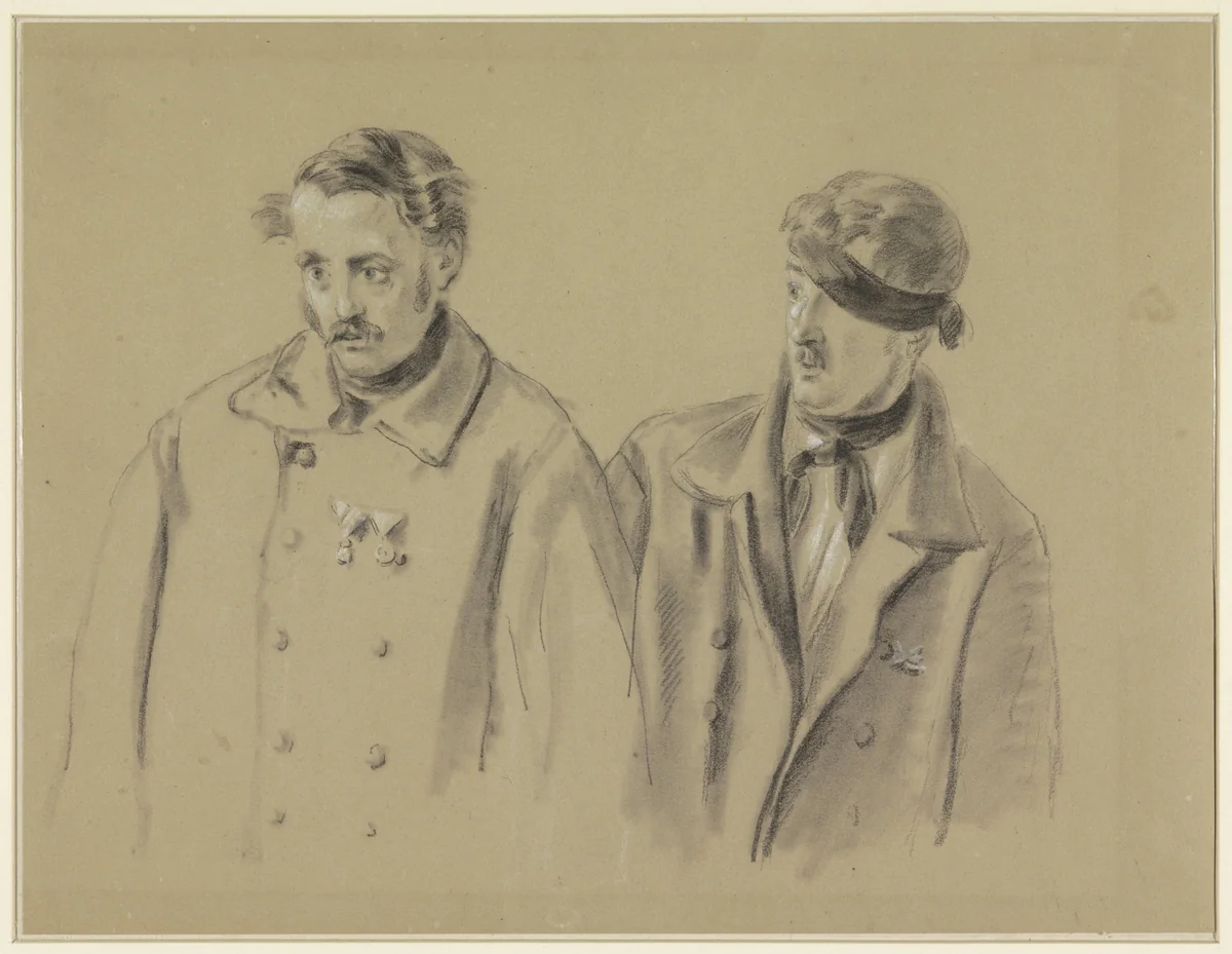 Twee gewonde soldaten, de linker voor zich uit starend, de rechter met een doek om het hoofd by Jacob Joseph Eeckhout, drawing, 1803-1861