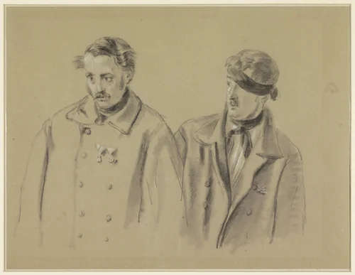 Twee gewonde soldaten, de linker voor zich uit starend, de rechter met een doek om het hoofd by Jacob Joseph Eeckhout, drawing, 1803-1861