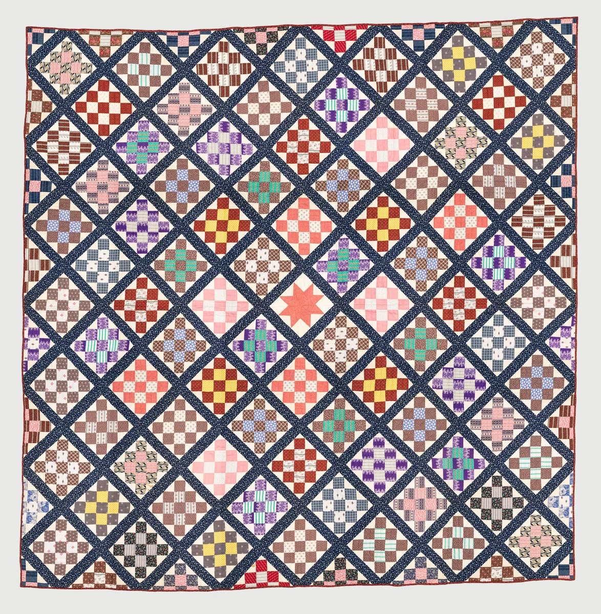 Thirteen-patch block quilt with Japanesque backing fabric by American, artwork, 1881-1891