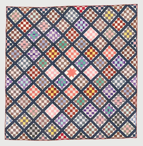 Thirteen-patch block quilt with Japanesque backing fabric by American, artwork, 1881-1891