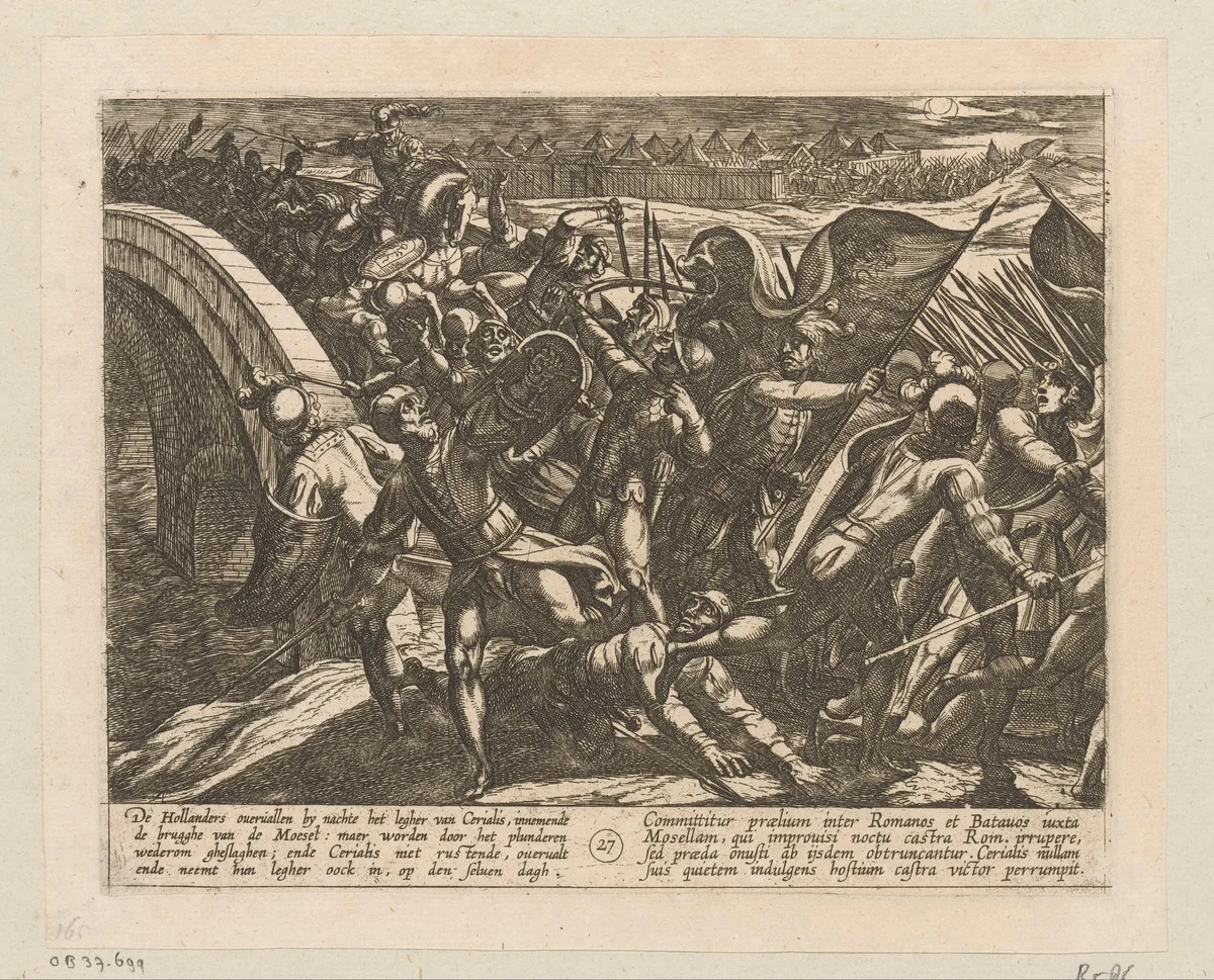 Romeinen verslagen bij een verrassingsaanval op hun kamp aan de Moezel, 69-70 by Antonio Tempesta, print, 1612