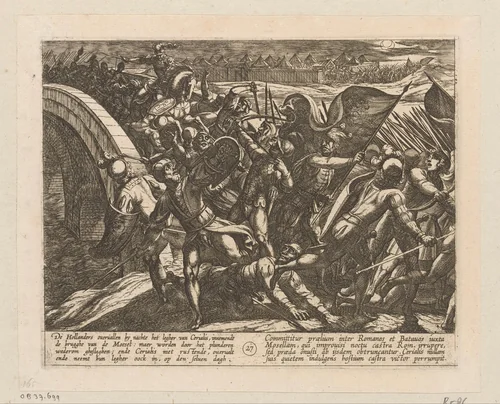 Romeinen verslagen bij een verrassingsaanval op hun kamp aan de Moezel, 69-70 by Antonio Tempesta, print, 1612