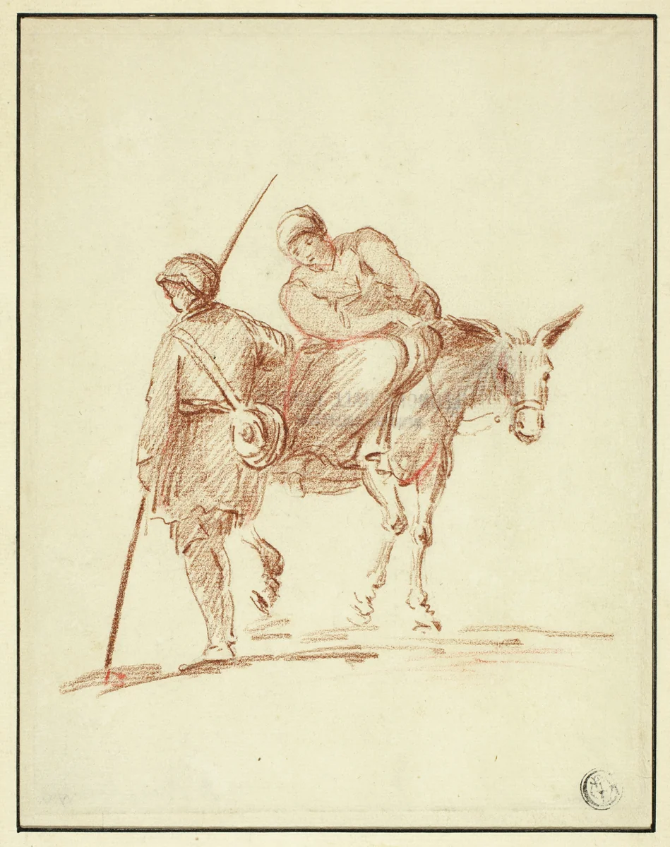 Woman on Donkey Accompanied by Man by Nicolaes Pietersz Berchem, drawing, 1640-1799