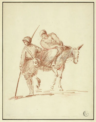 Woman on Donkey Accompanied by Man by Nicolaes Pietersz Berchem, drawing, 1640-1799