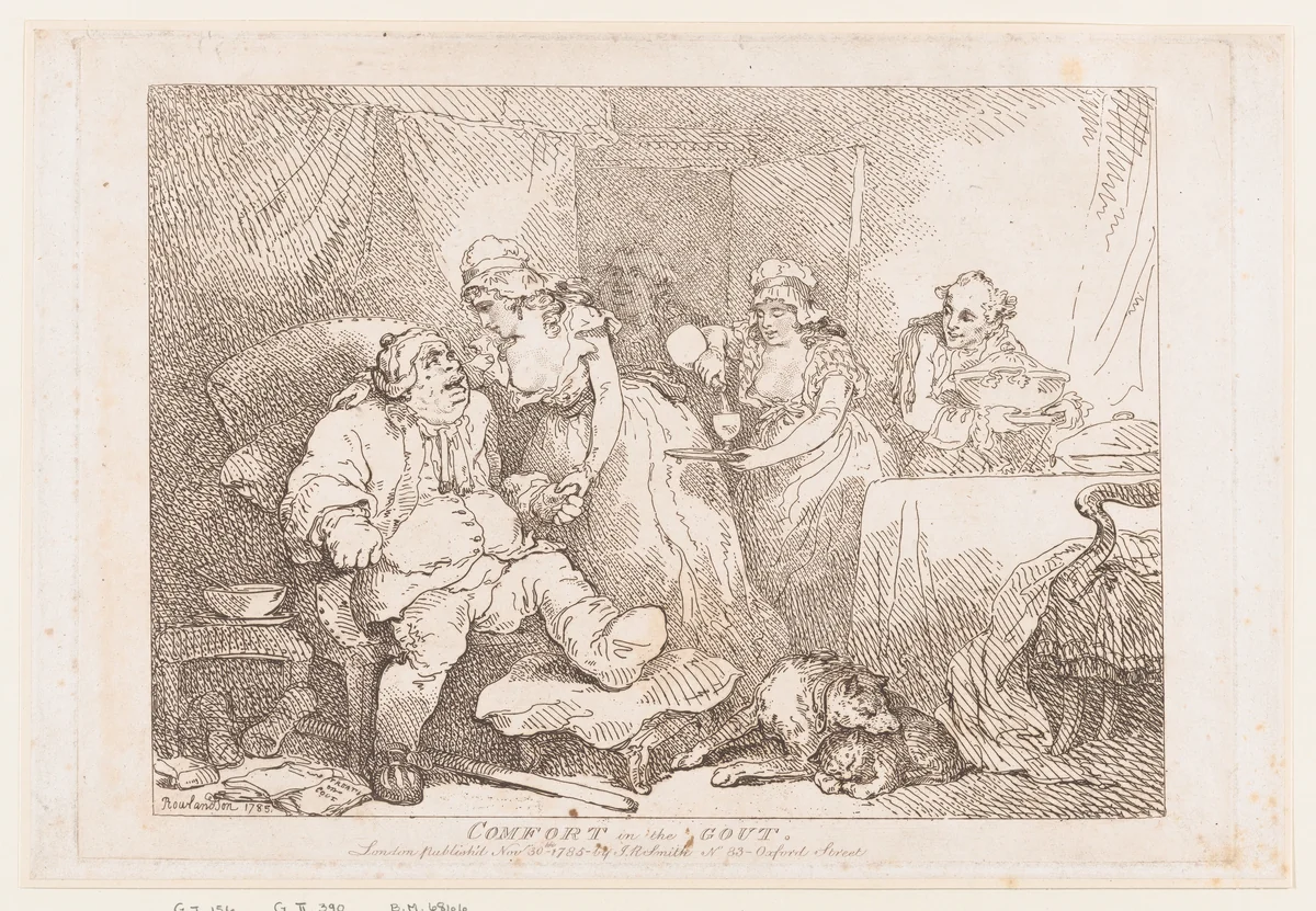 Comfort in the Gout by Thomas Rowlandson, print, 1785