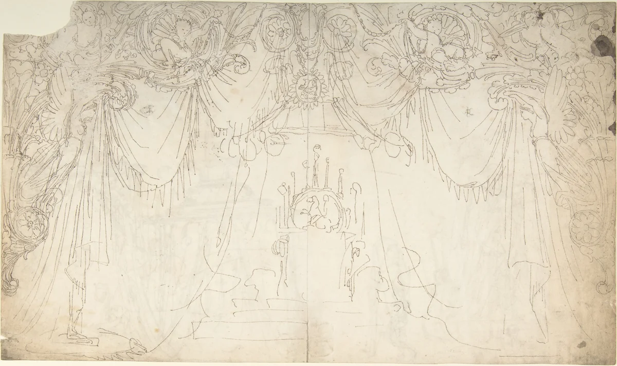 Design for Bed Alcove (recto); Studies for Statues and Carvings on Bed (verso) by William Pitts, drawing, 1805-1840