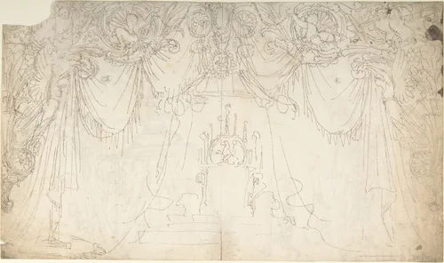 Design for Bed Alcove (recto); Studies for Statues and Carvings on Bed (verso) by William Pitts, drawing, 1805-1840