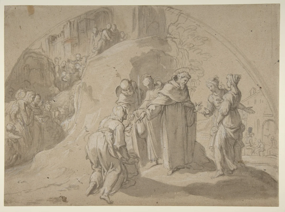 Saint Philip Benizi Converting Two Wicked Women at the City of Todi by Bernardino Poccetti, drawing, 1608-1609