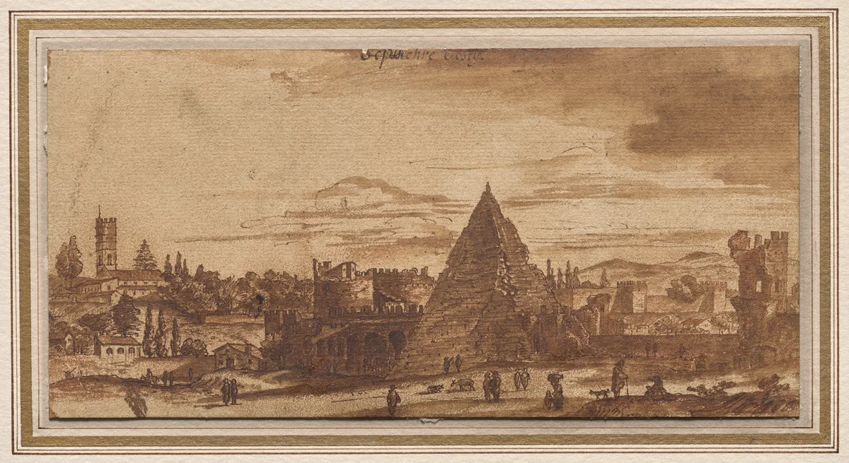 The Pyramid of Cestius, Rome by Michiel van Overbeek, drawing, 1645-1685