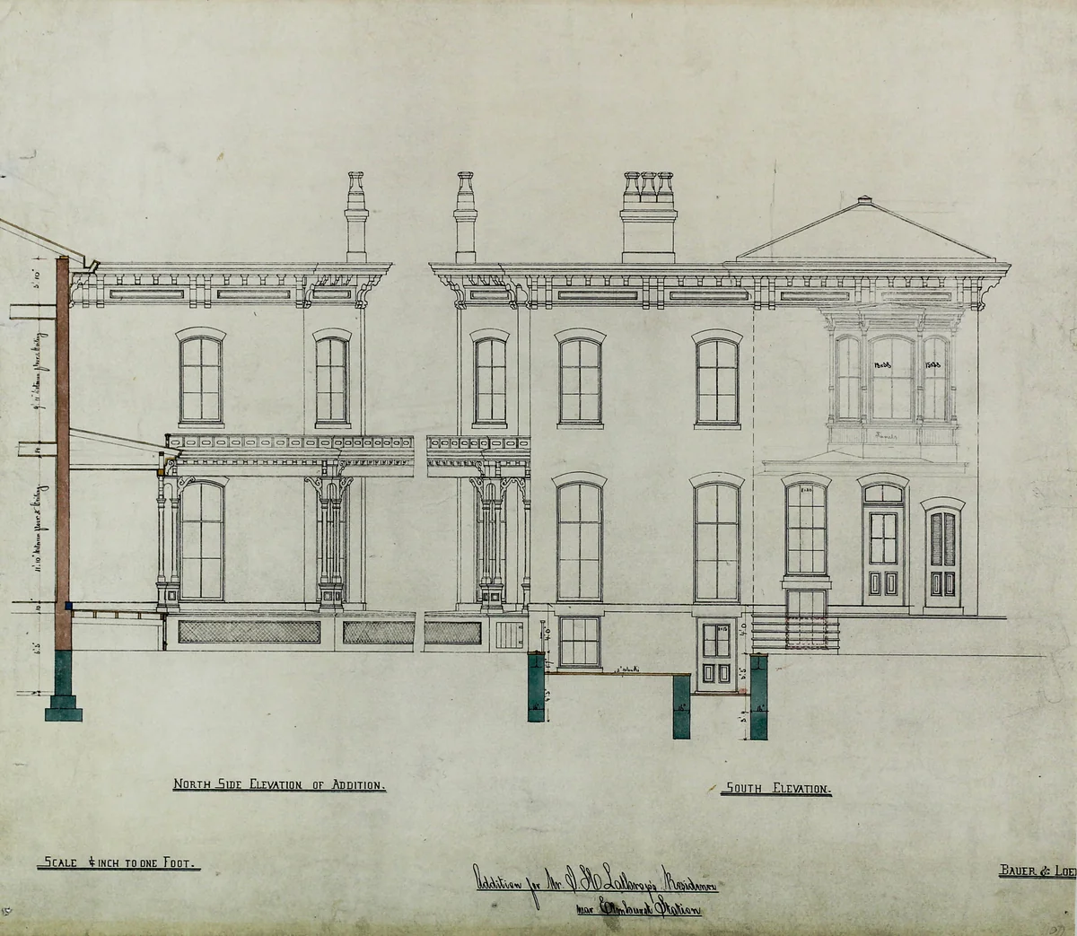 Joseph H. Lathrop House Addition, Elmhurst, Illinois, Elevations and Section by Bauer & Loebnitz, drawing, 1860-1880