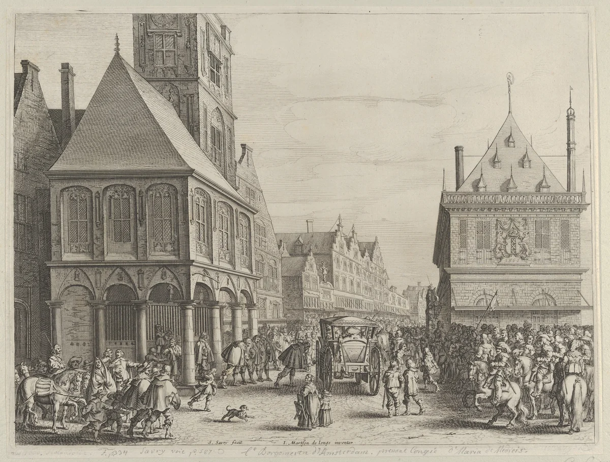 City magistrates taking leave of Marie de Medici before the town hall, from Caspar Barlaeus, "Medicea Hospes" by Salomon Savery, print, 1638