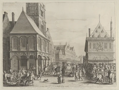 City magistrates taking leave of Marie de Medici before the town hall, from Caspar Barlaeus, "Medicea Hospes" by Salomon Savery, print, 1638