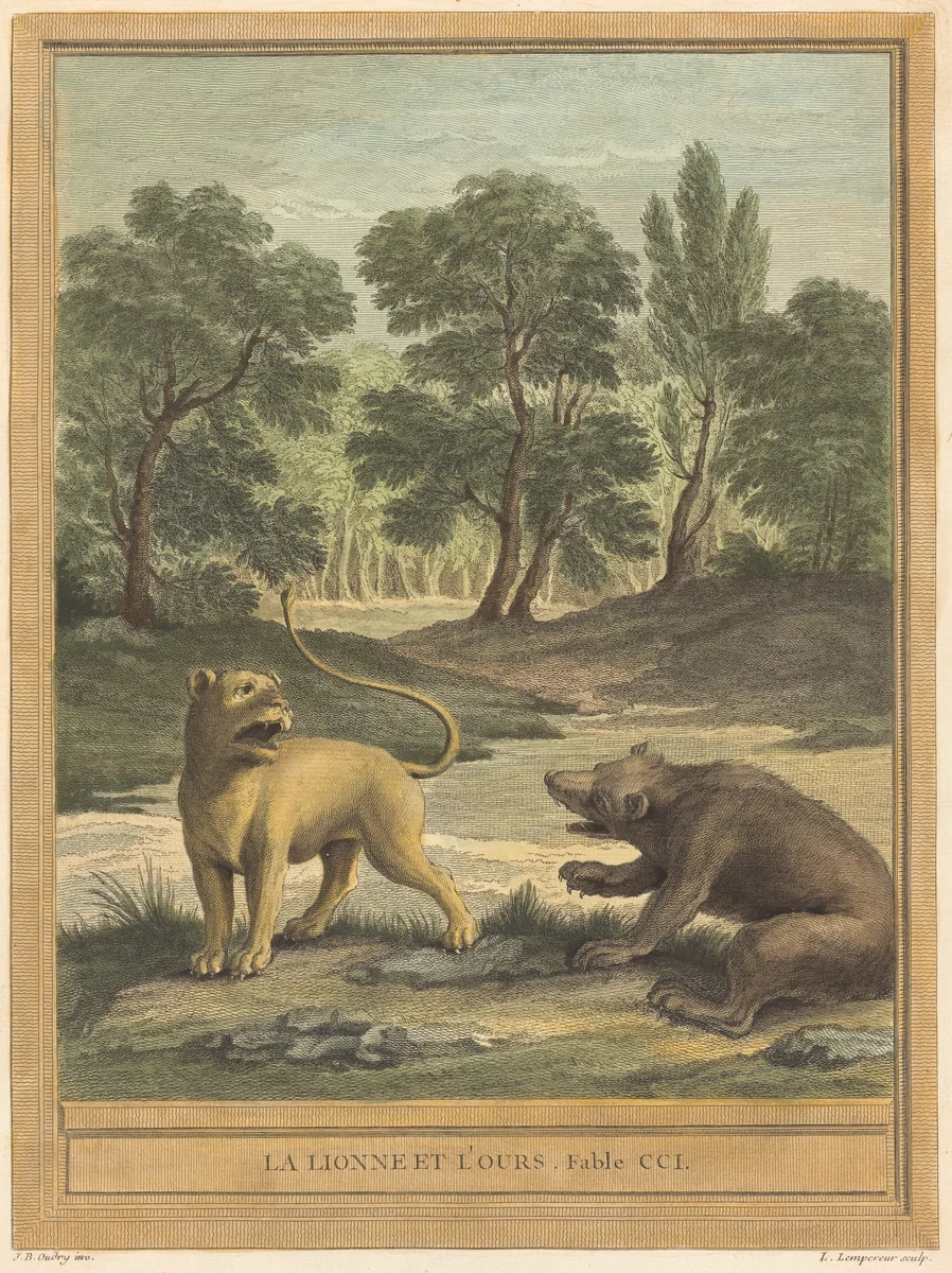 La lionne et l'ours (The Lion and the Bear) by Louis-Simon Lempereur, Jean-Baptiste Oudry, print, 1759