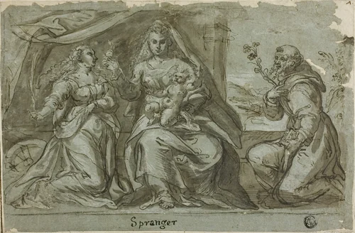 Madonna and Child with Saints Catherine and Dominic by Bartholomaeus Spranger, drawing, 1566-1611