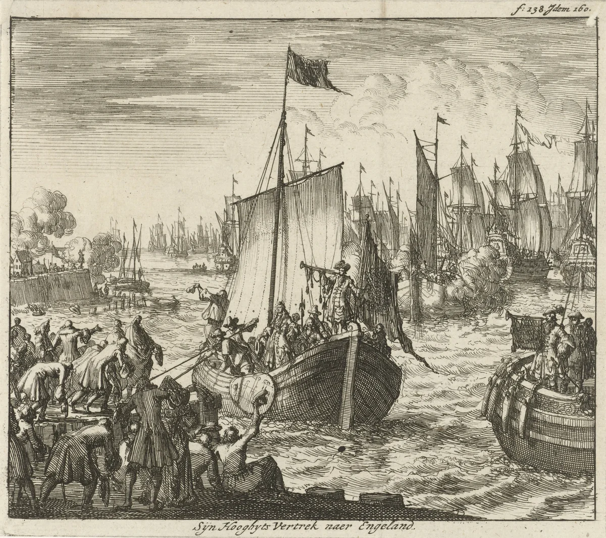 Willem III vertrekt met de vloot naar Engeland, 1688 by Jan Luyken, print, 1689