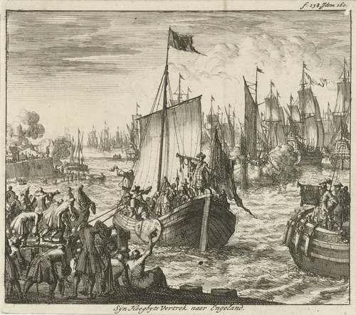 Willem III vertrekt met de vloot naar Engeland, 1688 by Jan Luyken, print, 1689
