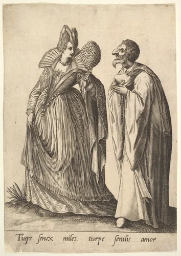 An Aged Soldier and An Aged Lover Are Sad Sights, from "Mascarades" by Robert Boissard, print, 1597